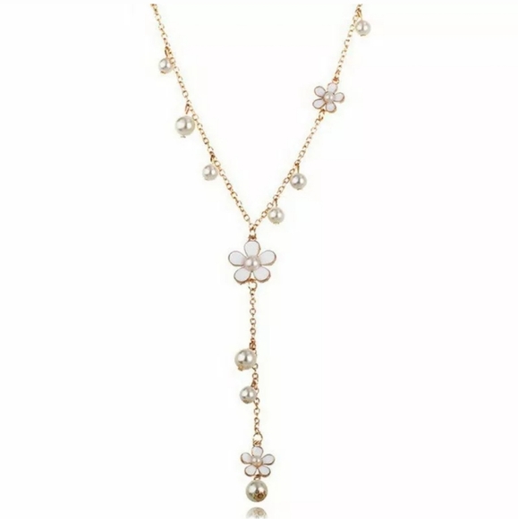 Gold Tone Glass Pearl Lariat Necklace - Picture 3 of 4